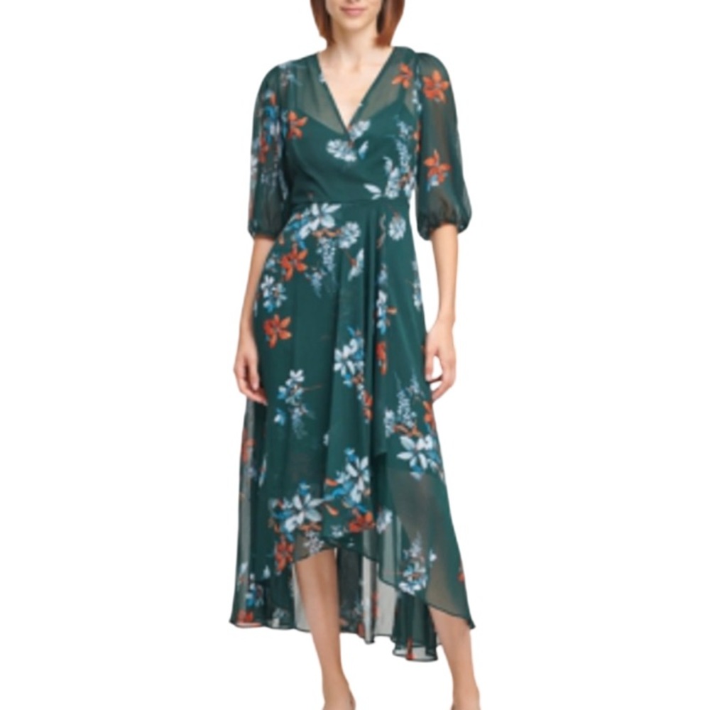 Calvin Klein Floral Print, Faux Wrap, Ruffled, High Low Hem dress size 6